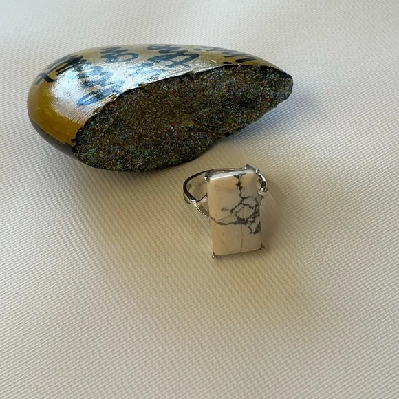 925 Sterling Silver Size 8.5 Marble Square Ring - Picture 3 of 8